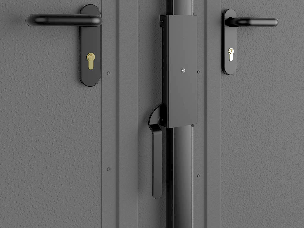 Для высокого уровня безопасности на активной створке ворот и калитке используются цилиндровые замки, оснащенные нажимными ручками. Цилиндровый механизм «ключ-ключ» позволяет запирать ворота с обеих сторон. При автоматизации ворот по заданию заказчика замок в створки не устанавливается. Пассивный тип защиты распашных гаражных ворот обеспечивает ригельная задвижка.